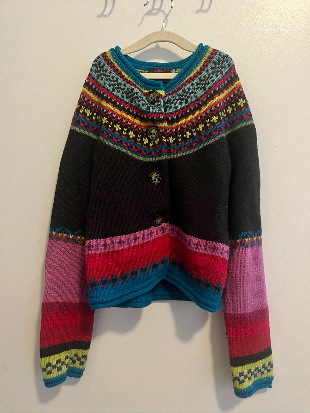 Catimini Black Cardigan Sweater with Multicolor Fair Isle Accents